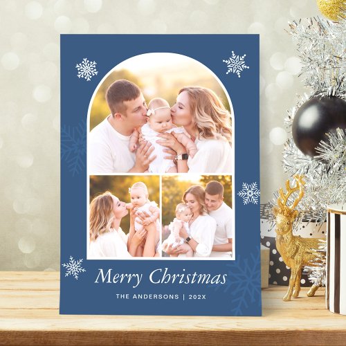 Navy Blue Modern Arch Photo Frame Merry Christmas Holiday Card