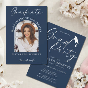 Navy Blue Modern Arch Photo Graduation Party Invitation