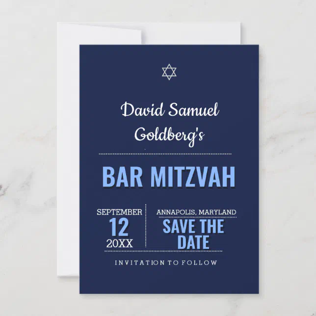 Navy Blue Modern Bar Mitzvah Save the Date Card Zazzle
