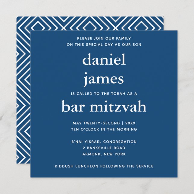 Navy Blue Modern Bar Mitzvah Square Invitation (Front/Back)
