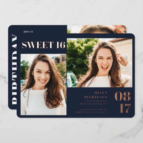 Navy blue modern bold 3 photos Sweet 16 Foil Invitation - Modern simple minimalist modern 3 photos Sweet 16 birthday party. Add your photos, with a simple bold script, with real rose gold foil on dark navy blue.