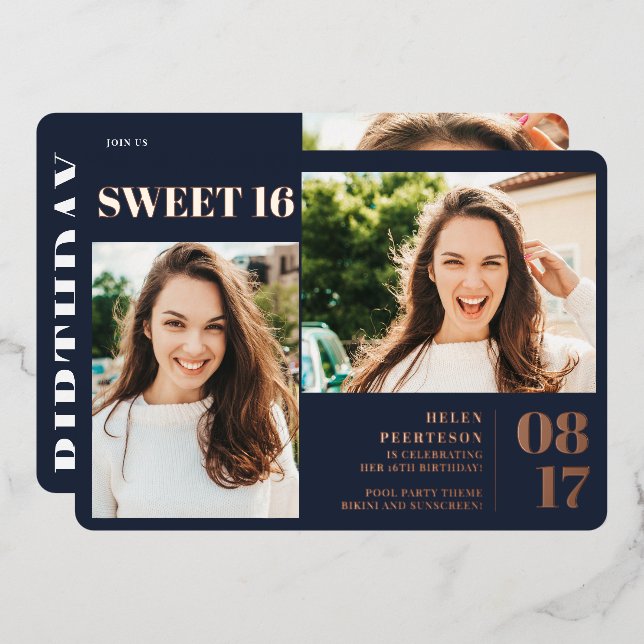 Navy blue modern bold 3 photos Sweet 16 Foil Invitation (Front/Back)