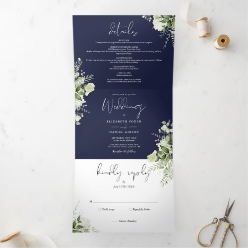 Navy Blue Modern Botanical Greenery Photo Wedding Tri_Fold Invitation