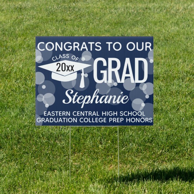 Navy Blue Modern Bubbles Congrats Graduation Yard Sign (Insitu)