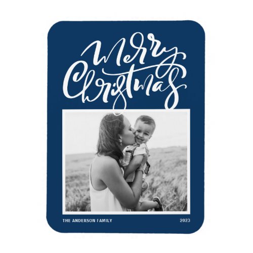 Navy Blue Modern Calligraphy Photo Christmas Magnet