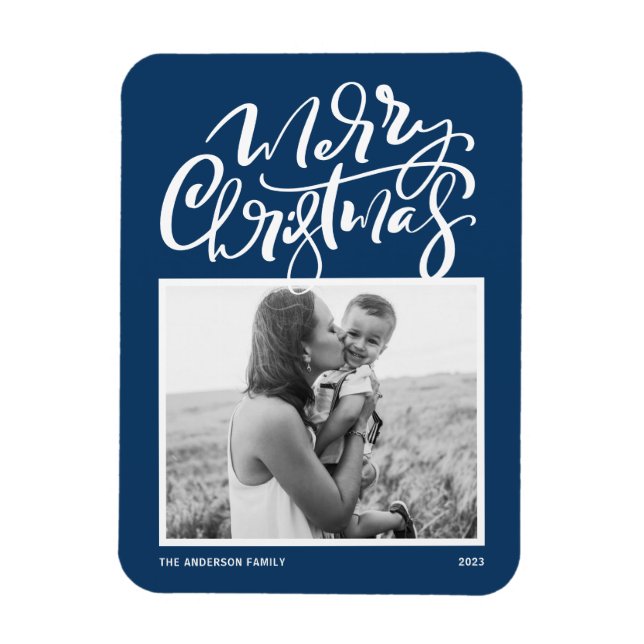 Navy Blue Modern Calligraphy Photo Christmas Magnet (Vertical)