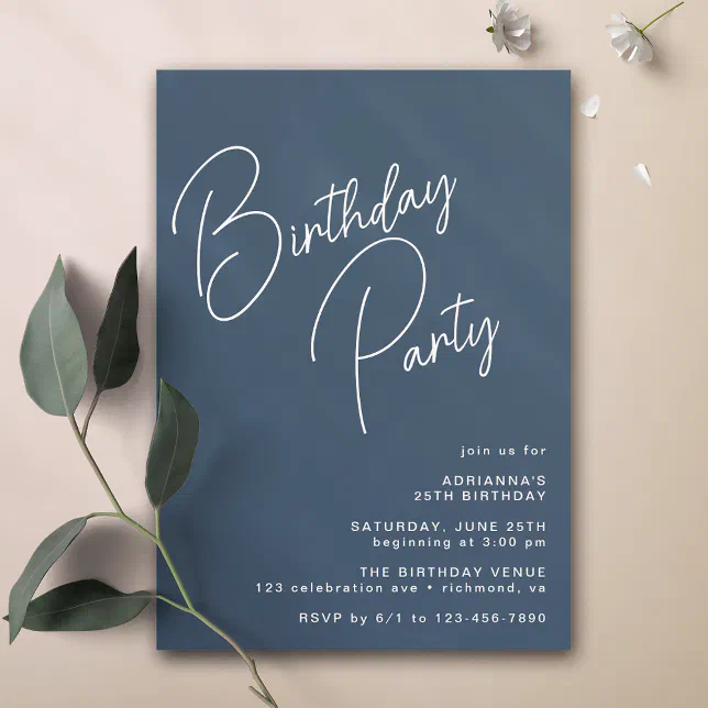 Navy Blue Modern Casual Script Typography Birthday Invitation | Zazzle