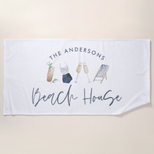 Navy blue modern champagne script beach house beach towel