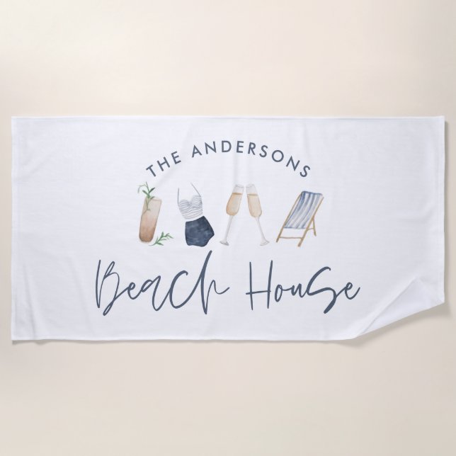Navy blue modern champagne script beach house towel (Front)
