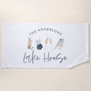 Navy blue modern champagne script lake house beach towel