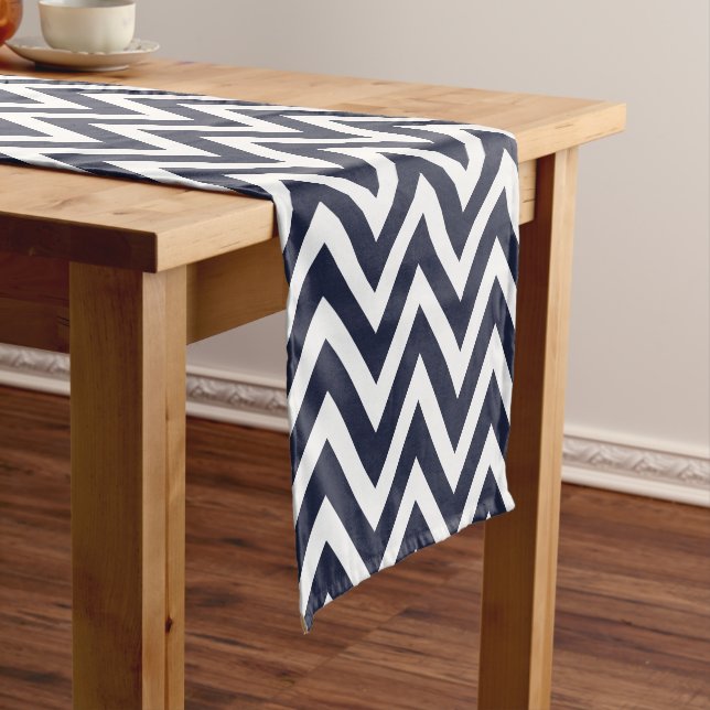 Navy Blue Modern Chevron Stripes Short Table Runner (In Situ)