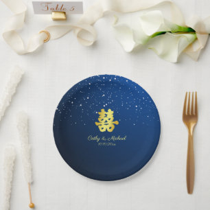Navy blue modern Chinese wedding starry night Paper Plates