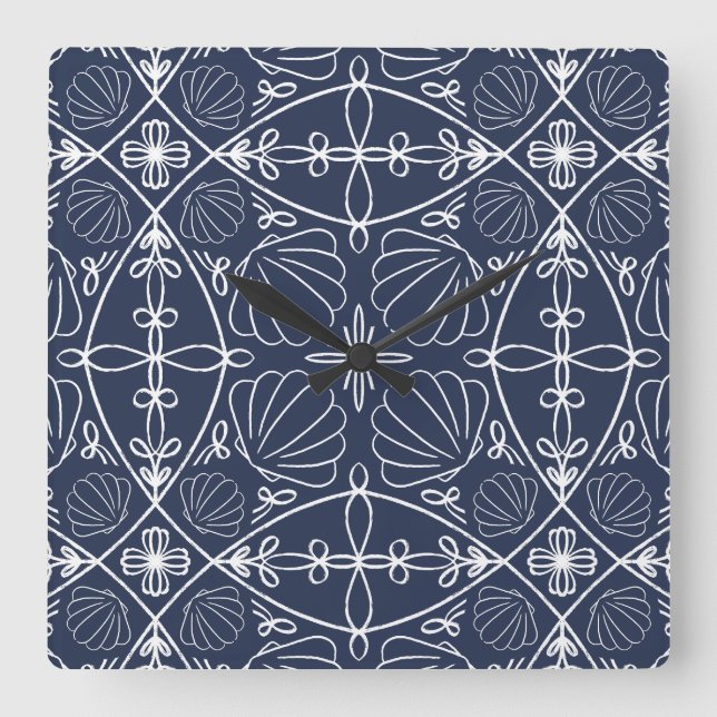 Navy Blue Modern Coastal Abstract Seashell Pattern Square Wall Clock (Front)