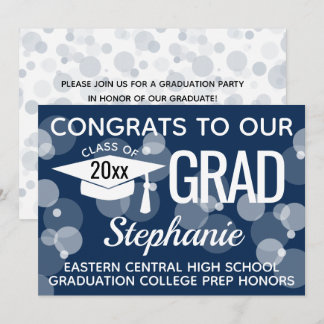 Navy Blue Modern Confetti Bokeh Bubbles Graduation Invitation