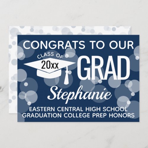 Navy Blue Modern Confetti Bokeh Bubbles Graduation Invitation