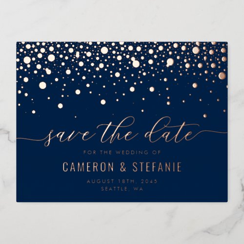 Navy Blue Modern Confetti Rose Gold Save the Date Foil Invitation Postcard