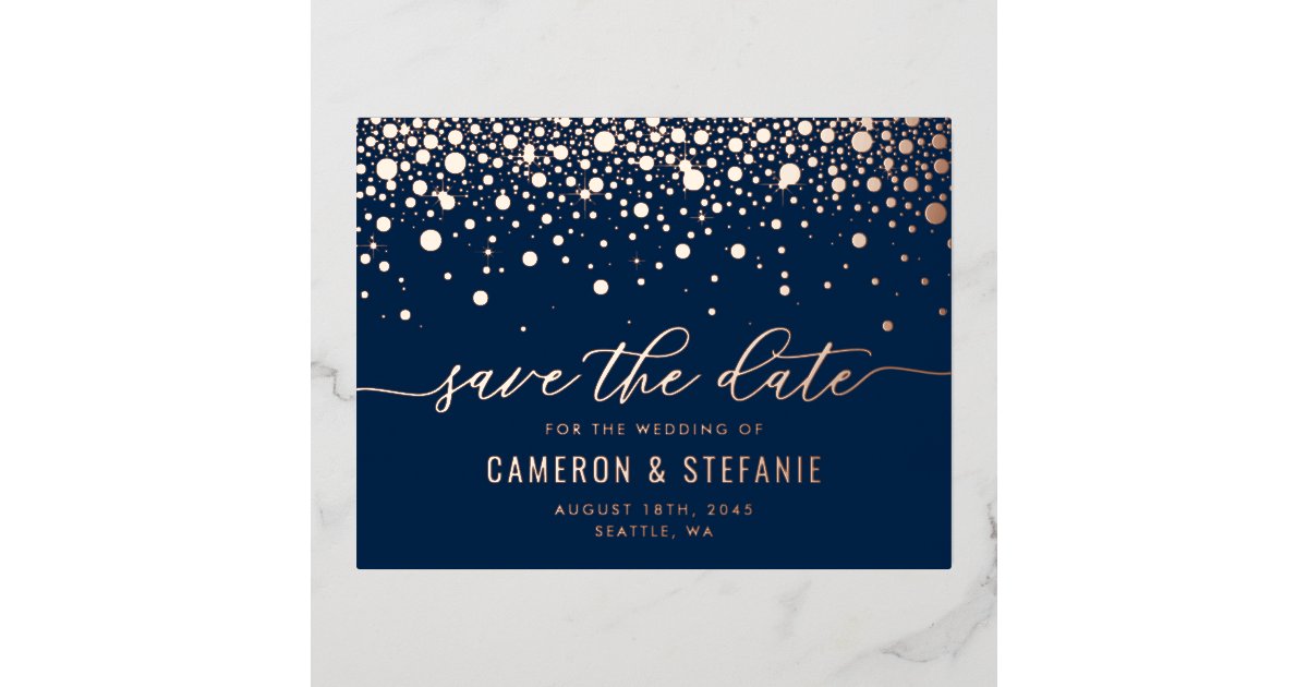 Navy Blue Modern Confetti Rose Gold Save the Date Foil Invitation ...