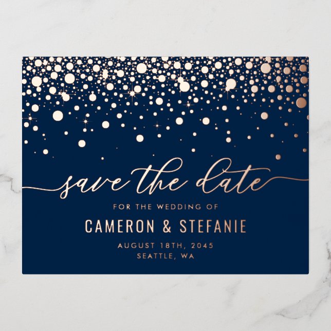 Navy Blue Modern Confetti Rose Gold Save the Date Foil Invitation Postcard (Front)