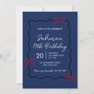 Navy Blue Modern Coquette 19th Birthday Invitation