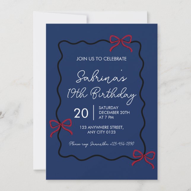Navy Blue Modern Coquette 19th Birthday Invitation (Front)