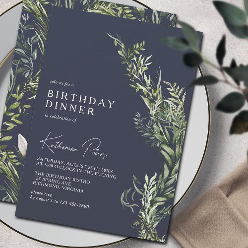 Navy Blue Modern Elegant Botanical Birthday Dinner Invitation