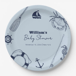 Navy Blue Modern Elegant Fishing Boy Baby Shower Paper Plates