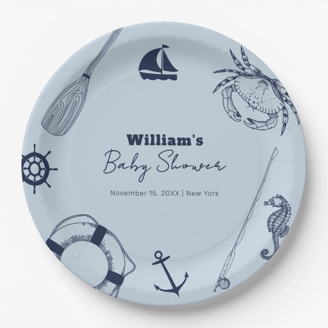 Navy Blue Modern Elegant Fishing Boy Baby Shower Paper Plates (Front)