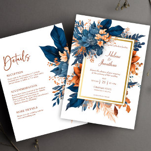 Navy Blue Modern Elegant Floral All In One Wedding Invitation