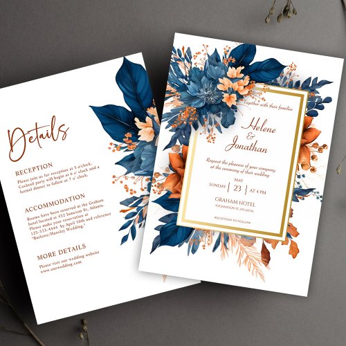 Navy Blue Modern Elegant Floral All In One Wedding Invitation