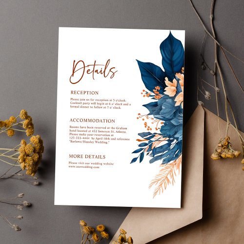 Navy Blue Modern Elegant Floral Wedding Details Enclosure Card