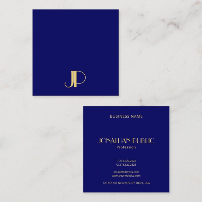 Navy Blue Modern Elegant Gold Monogram Template Square Business Card (Front/Back)