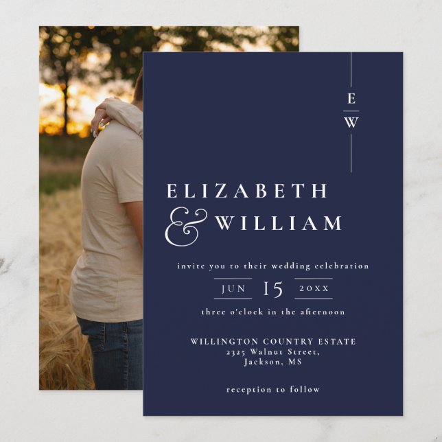 Navy Blue Modern Elegant Monogram Photo Wedding Invitation (Front/Back)