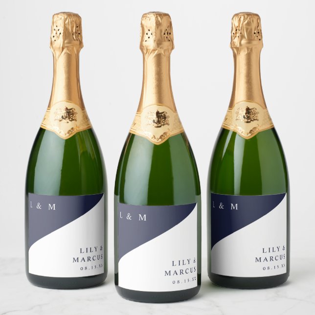 Navy Blue Modern Elegant Monogram Wedding Sparkling Wine Label (Bottles)