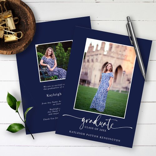 Navy Blue Modern Elegant Script Graduation Photo Announcement