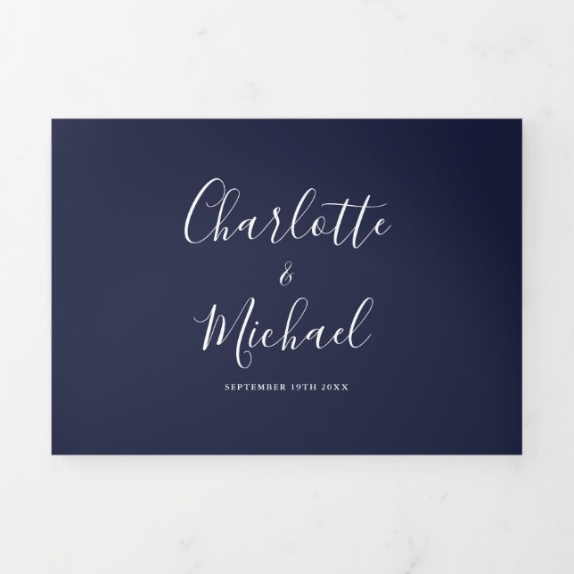 Navy Blue Modern Elegant Script Monogram Wedding Tri-Fold Invitation (Cover)
