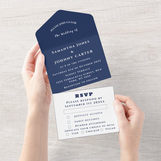 Navy Blue Modern Elegant Simple Wedding All In One Invitation (Tearaway)