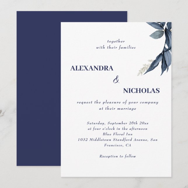 Navy Blue Modern Elegant Wedding Invitation (Front/Back)