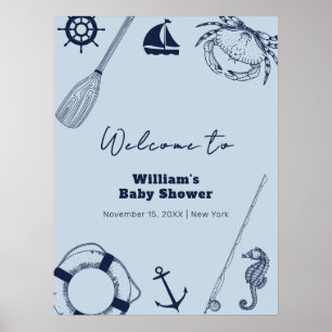 Navy Blue Modern Fishing Boy Baby Shower Welcome Poster