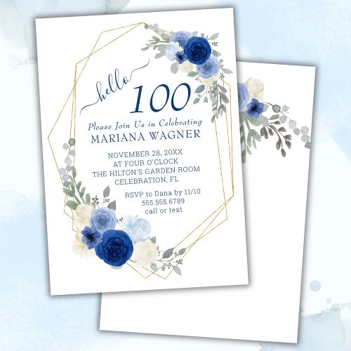 Navy Blue Modern Floral 100th Birthday Invitation