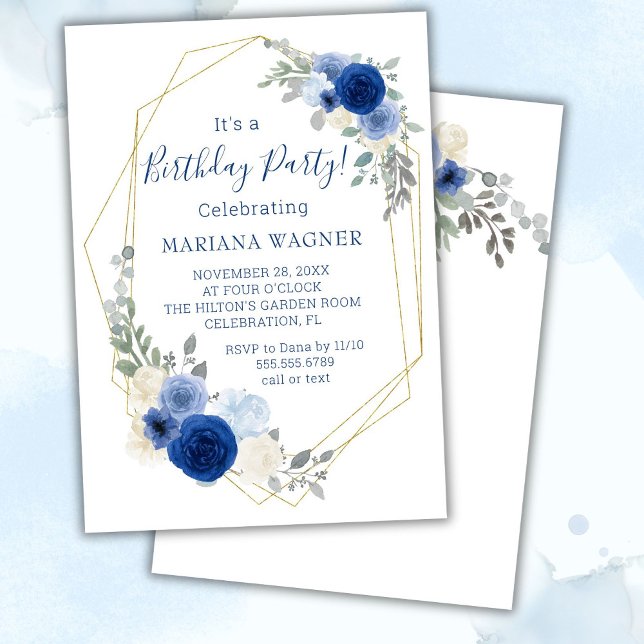 Navy Blue Modern Floral Birthday Party Invitation (Creator Uploaded)