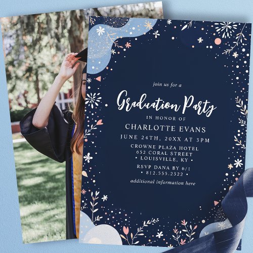 Navy Blue Modern Floral Confetti Graduation Invitation