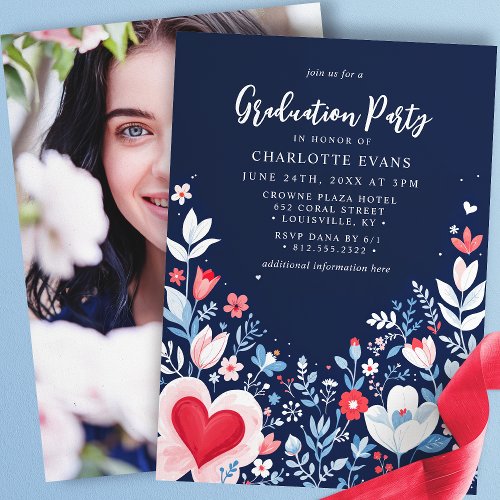 Navy Blue Modern Floral Nurse Heart Graduation Invitation