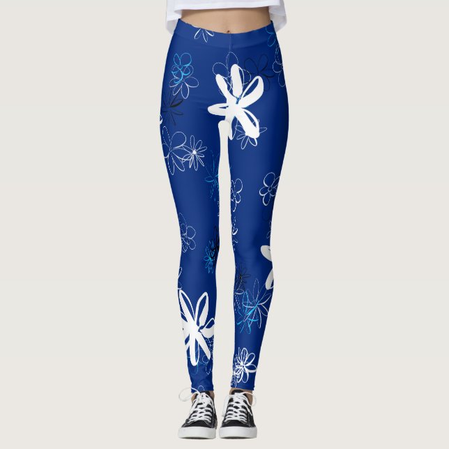 Navy Blue Modern Floral Pattern Leggings (Front)