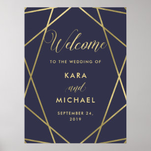 Navy Blue Modern Gold Diamond Wedding Welcome Poster