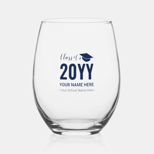 Navy Blue  Modern Graduation Gift Custom Text Stemless Wine Glass