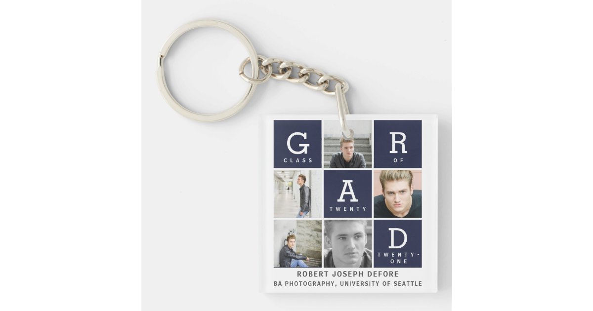 Navy blue modern graphic photo collage graduation keychain | Zazzle