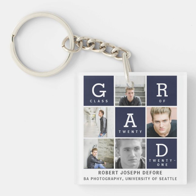 Navy blue modern graphic photo collage graduation  keychain (Front)