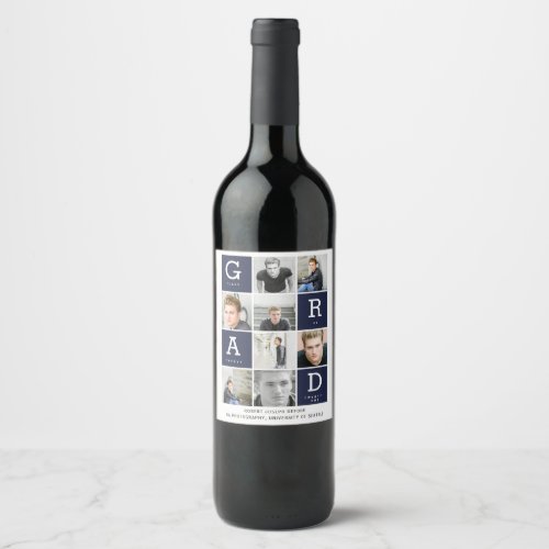 Navy blue modern graphic photo collage graduation  wine label