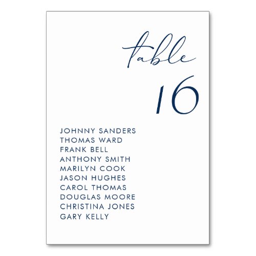 Navy Blue Modern Handwritten Script Wedding Table Number