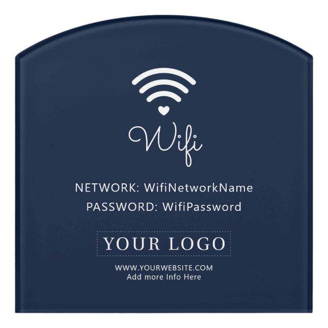 Navy Blue Modern Heart Business Wifi Password Sign (Contour Front)